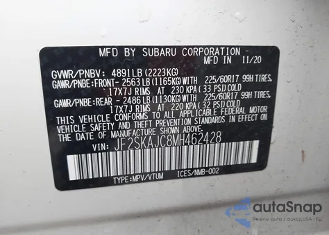 2021 Subaru Forester Premium from USA, damaged, VIN JF2SKAJC8MH462428
